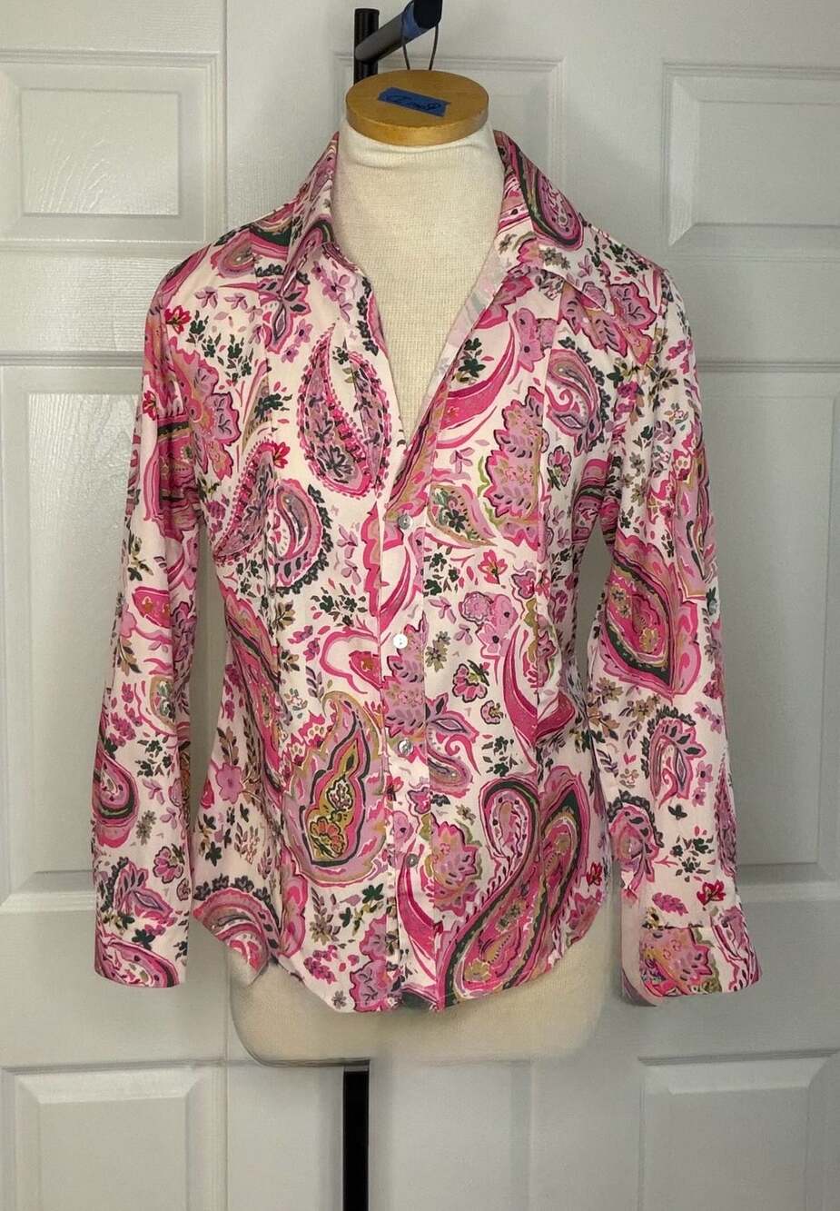 Sunday Up Button Down Shirt Size S Pink Green Paisley Print Blouse